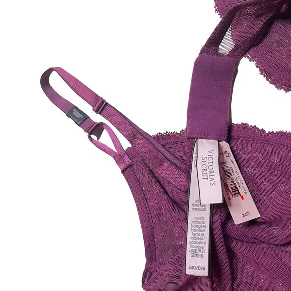 Victoria's Secret Unlined Demi Bra Very Berry Leopard Lace Gold Shine Size 34D - Picture 3 of 3